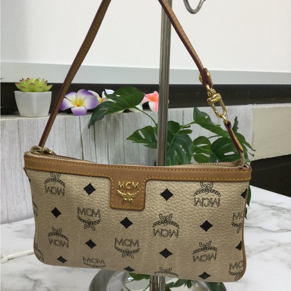 GUC. MCM Beige Logo Canvas Shoulder Bag with Tan Trim